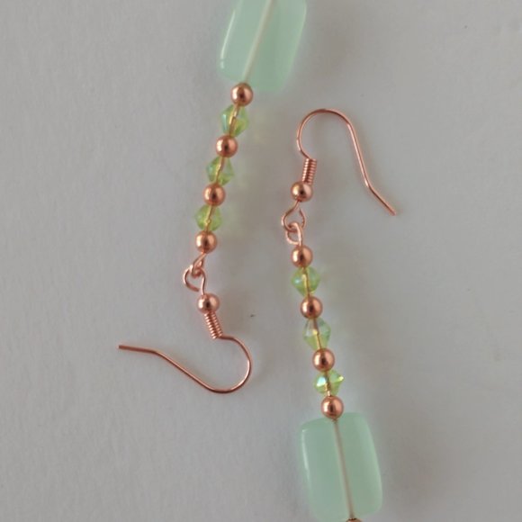 Green Dangle Earrings With Copper Plated Fishhook Wires Handmade 2.5 Inches - Picture 3 of 16